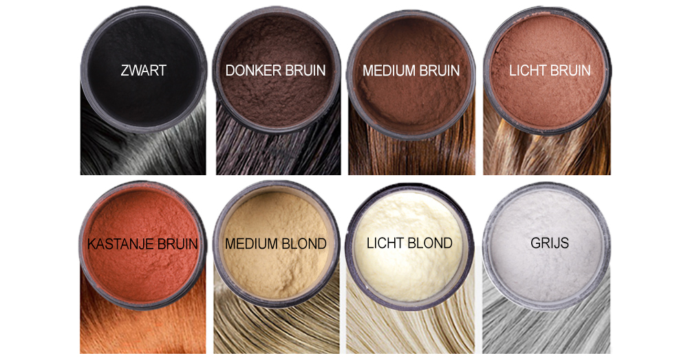 Een overzicht van alle kleuren Pure Hair Haarvezels.