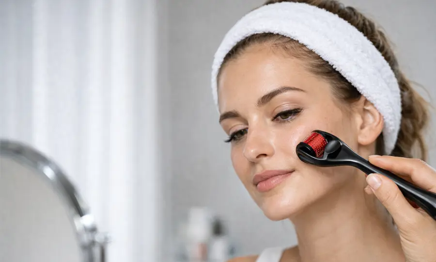 Waarom microneedling steeds populairder wordt in Nederland. Een vrouw die een microneedling behandeling uitvoert met een dermaroller.