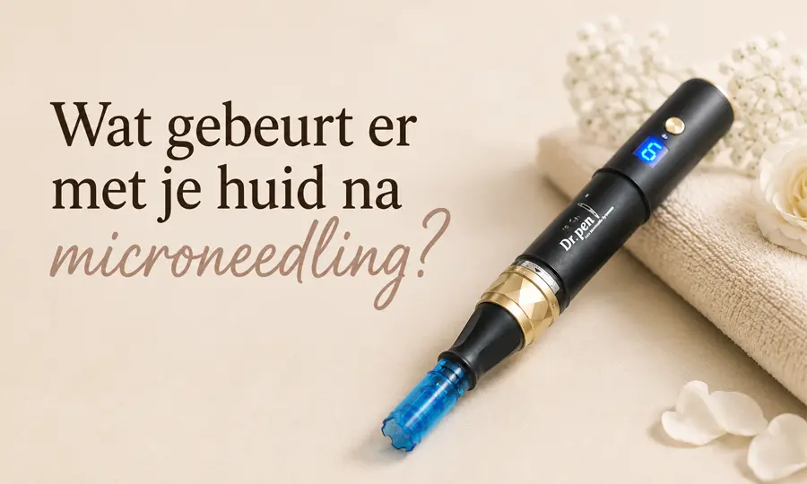Wat gebeurt er met je huid na microneedling? Een Dr.pen dermapen liggend op een handdoek met een rustige achtergrond.