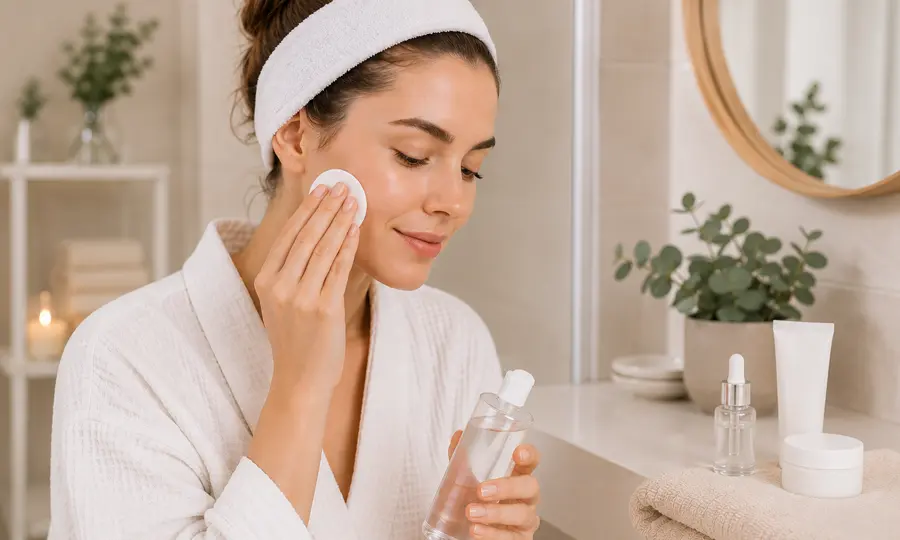Een vrouw die haar huid aan het voorbereiden is voor een microneedling behandeling.