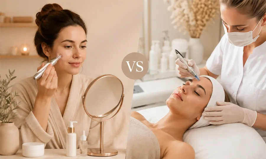 Microneedling thuis vs salon – vergelijking tussen thuisbehandeling en professionele microneedling behandeling